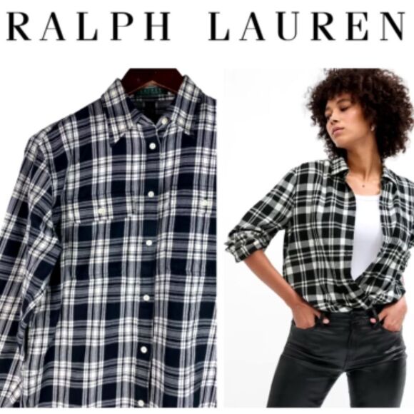 Lauren Ralph Lauren Tops - Lauren Ralph Lauren Cotton Black White Plaid Western Button Blouse Flaw SZ L